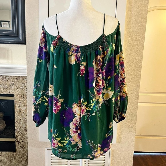 Maeve Tallie Open Shoulder Silk Blouse Size Medium Green Floral Anthropologie - Picture 8 of 10